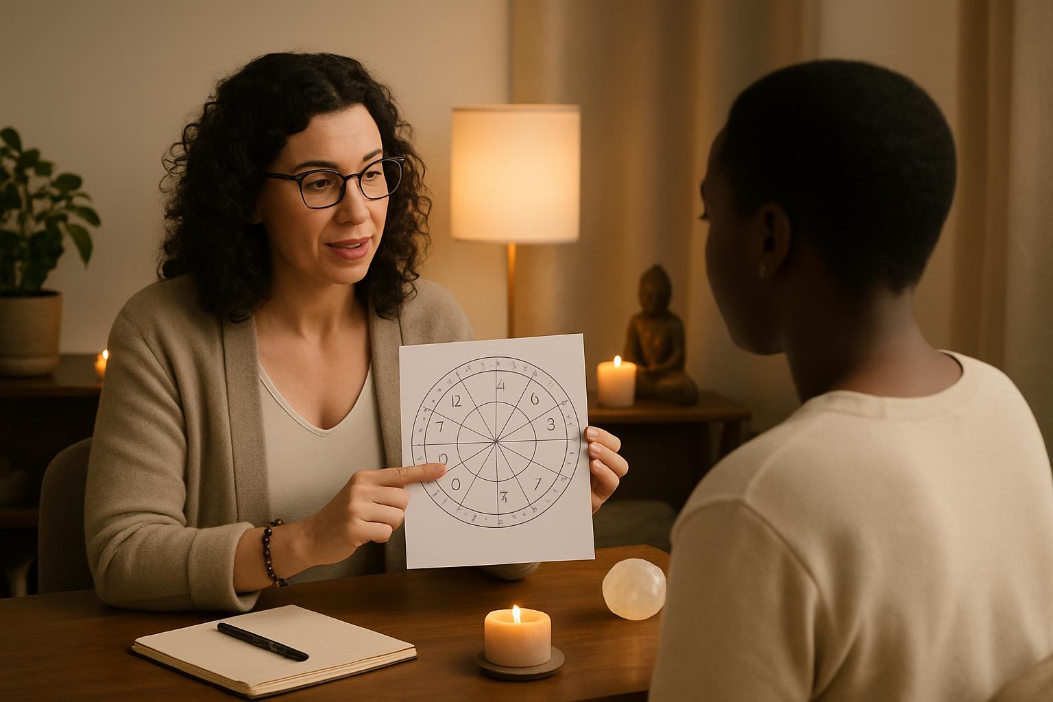 A woman with glasses and dark hair shows a person a chart, sitting across from them at a table. The woman is pointing to t...