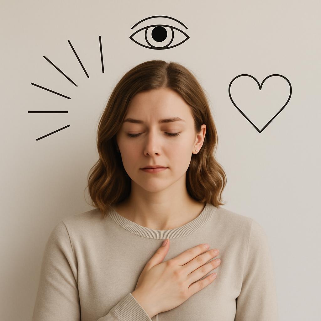 A woman wearing a beige sweater is illustrated against a light gray background, with graphics surrounding her. She holds h...