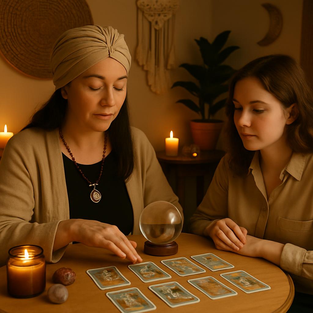 A woman and girl sitting at a table, surrounded by candles and tarot cards, with the woman wearing a head wrap and holding...